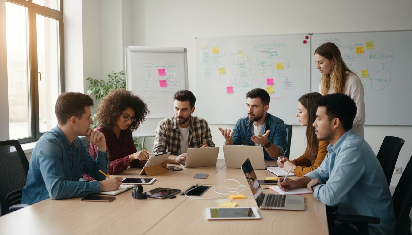 Réunion d'équipe avec discussion et ordinateurs portables.