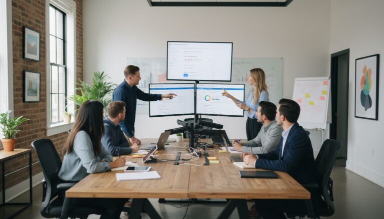 Réunion d'équipe devant un écran partagé.