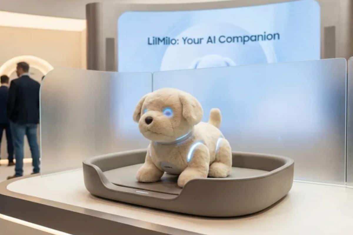 Robot chien en peluche sur un socle gris.