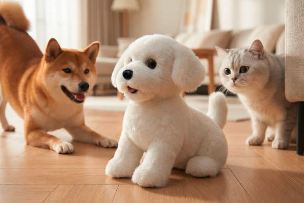 Chien et chat autour d'un jouet blanc.