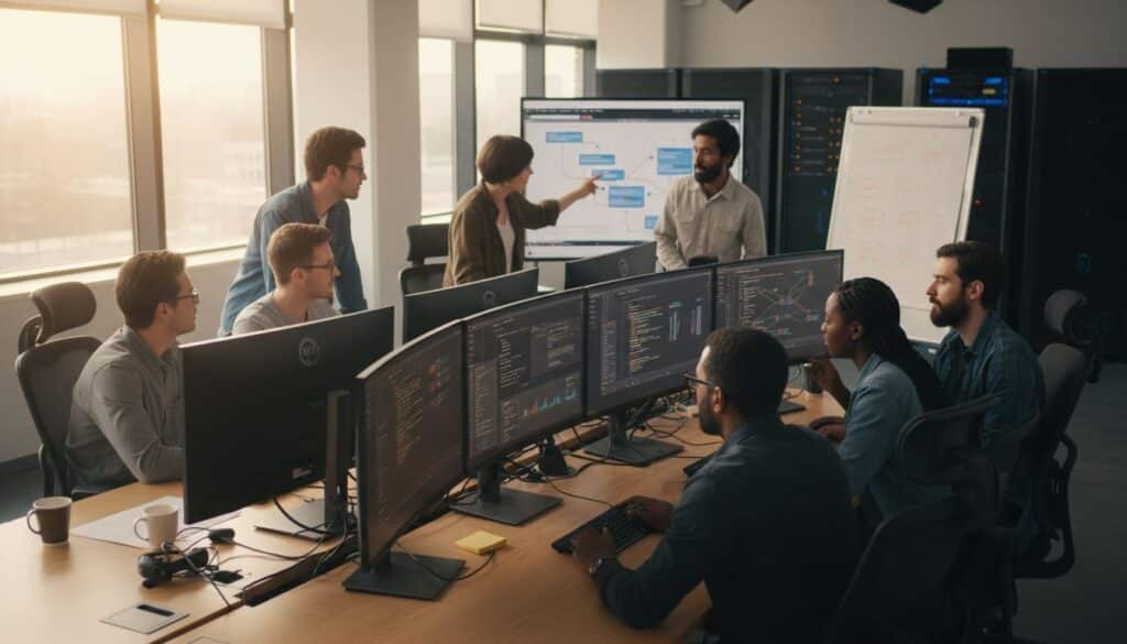 Équipe discutant devant des écrans d'ordinateur.