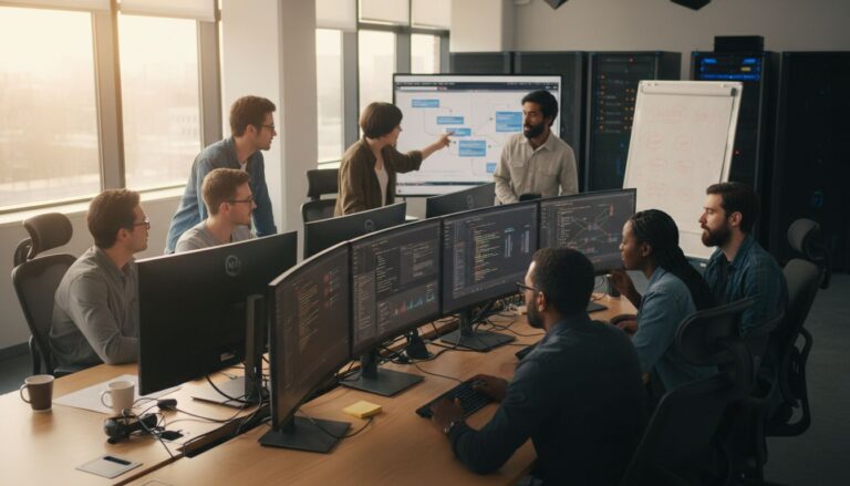 Équipe discutant devant des écrans d'ordinateur.