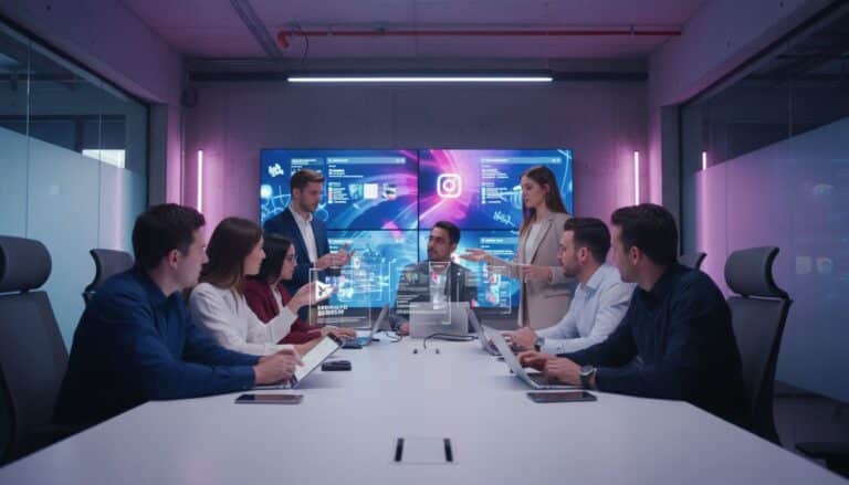 Réunion d'équipe avec écrans digitaux interactifs.