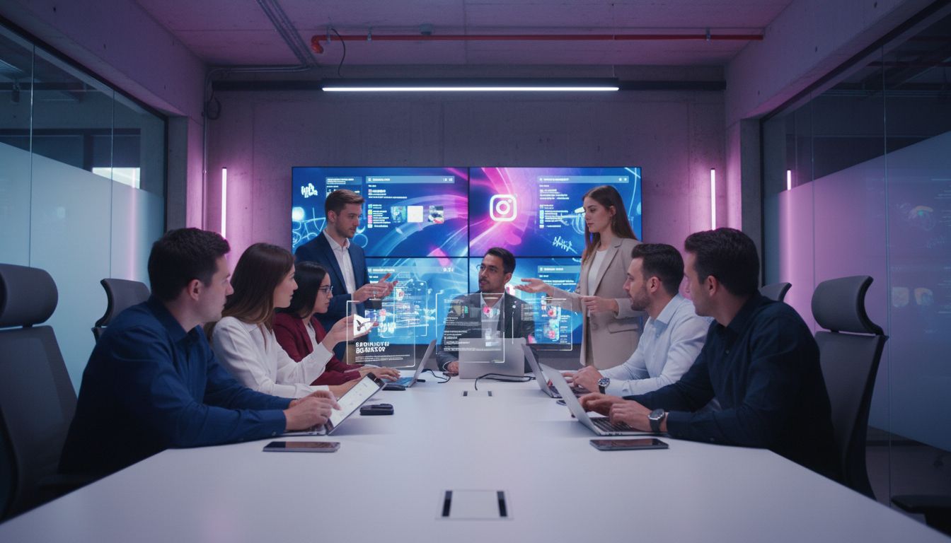 Réunion d'équipe avec écrans digitaux interactifs.