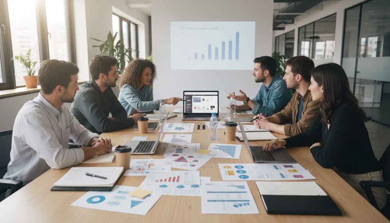 Réunion d'équipe avec graphiques sur table.