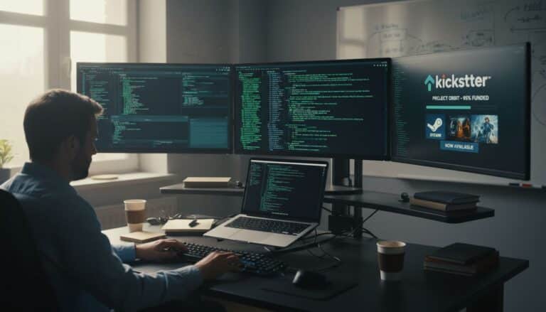 Homme programmant sur plusieurs écrans au bureau.