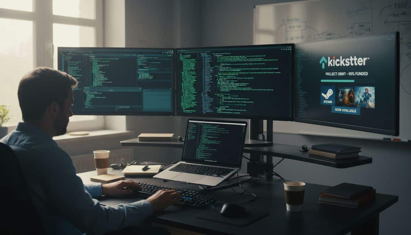 Homme programmant sur plusieurs écrans au bureau.