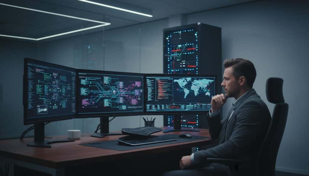 Homme travaillant devant plusieurs écrans d'ordinateur.