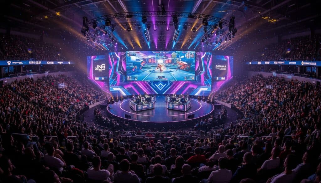 Compétition d'esport dans une grande salle colorée.