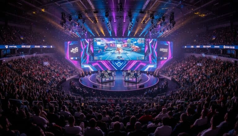 Compétition d'esport dans une grande salle colorée.