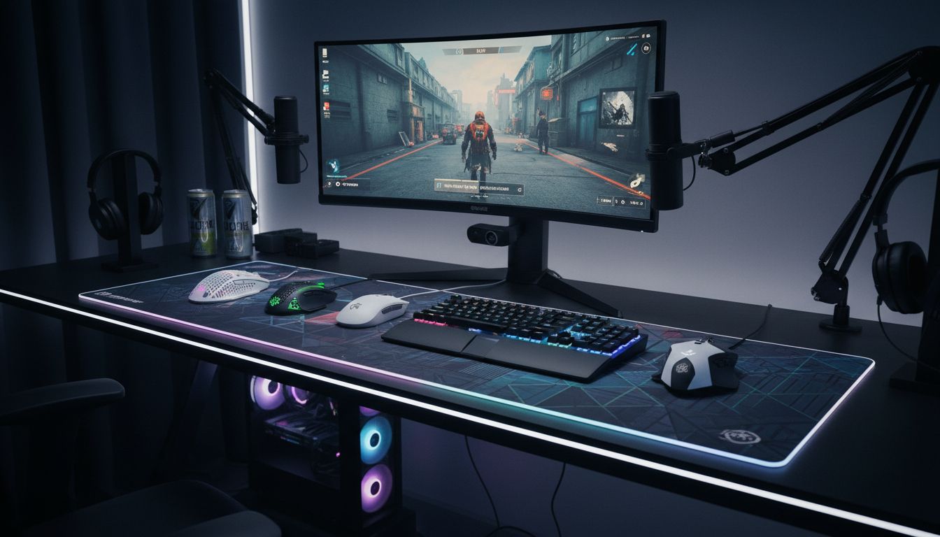 Setup de gaming moderne avec écran incurvé.