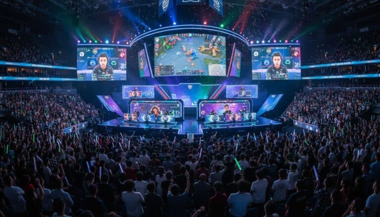 Tournoi de jeu vidéo avec grande foule enthousiaste.