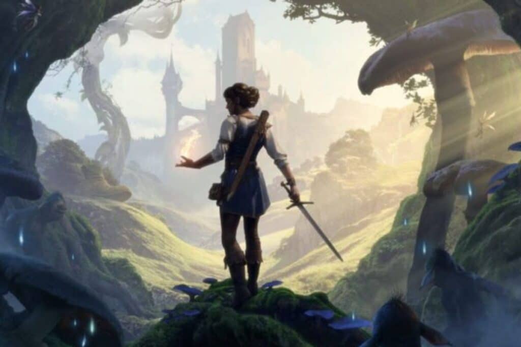 Aventurier avec épée dans un paysage fantastique.