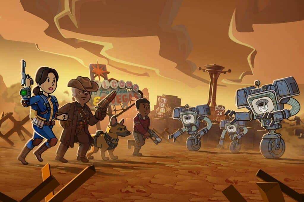 Explorateurs armés et robots dans un désert post-apocalyptique.