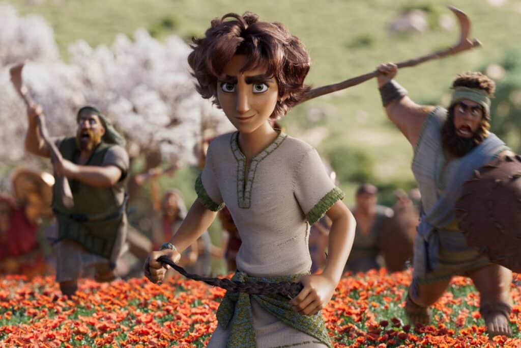 Jeune personnage animé courant dans un champ de fleurs.