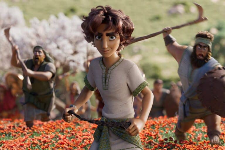 Jeune personnage animé courant dans un champ de fleurs.