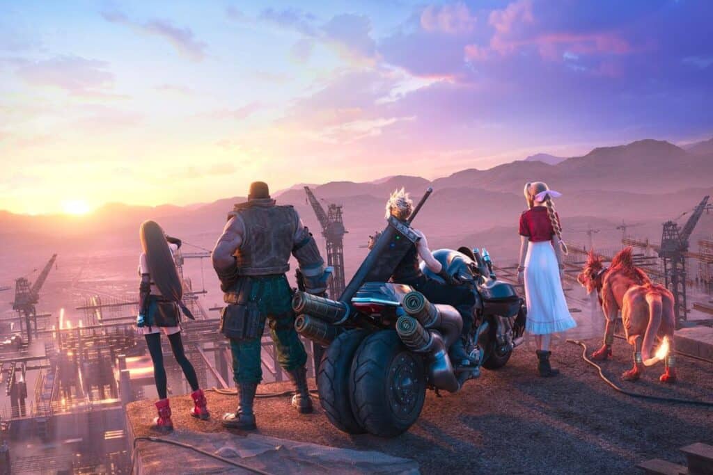 Personnages regardant un coucher de soleil sur la ville.