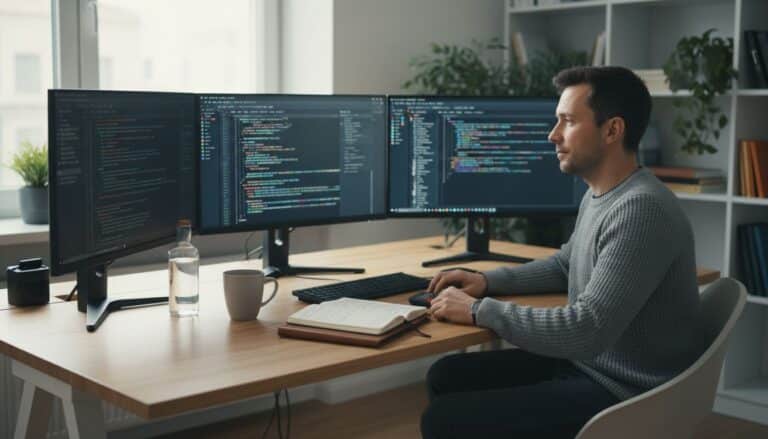 Homme travaillant sur trois écrans avec du code.