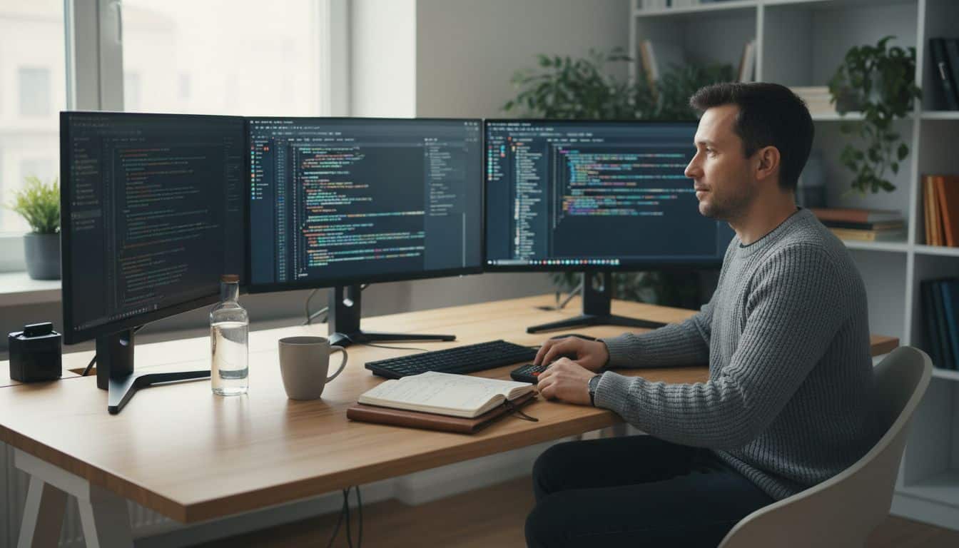 Homme travaillant sur trois écrans avec du code.