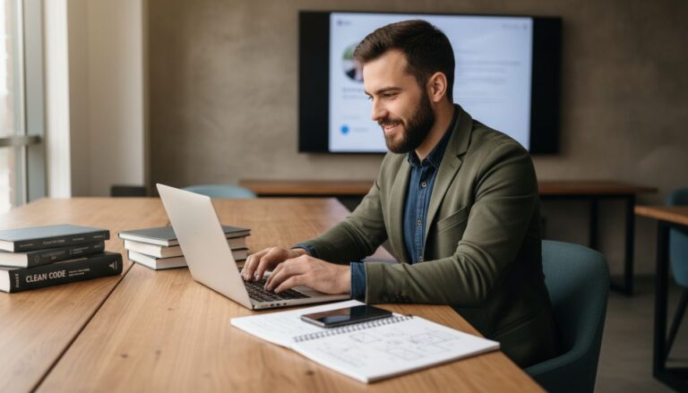 Homme souriant travaillant sur ordinateur portable.