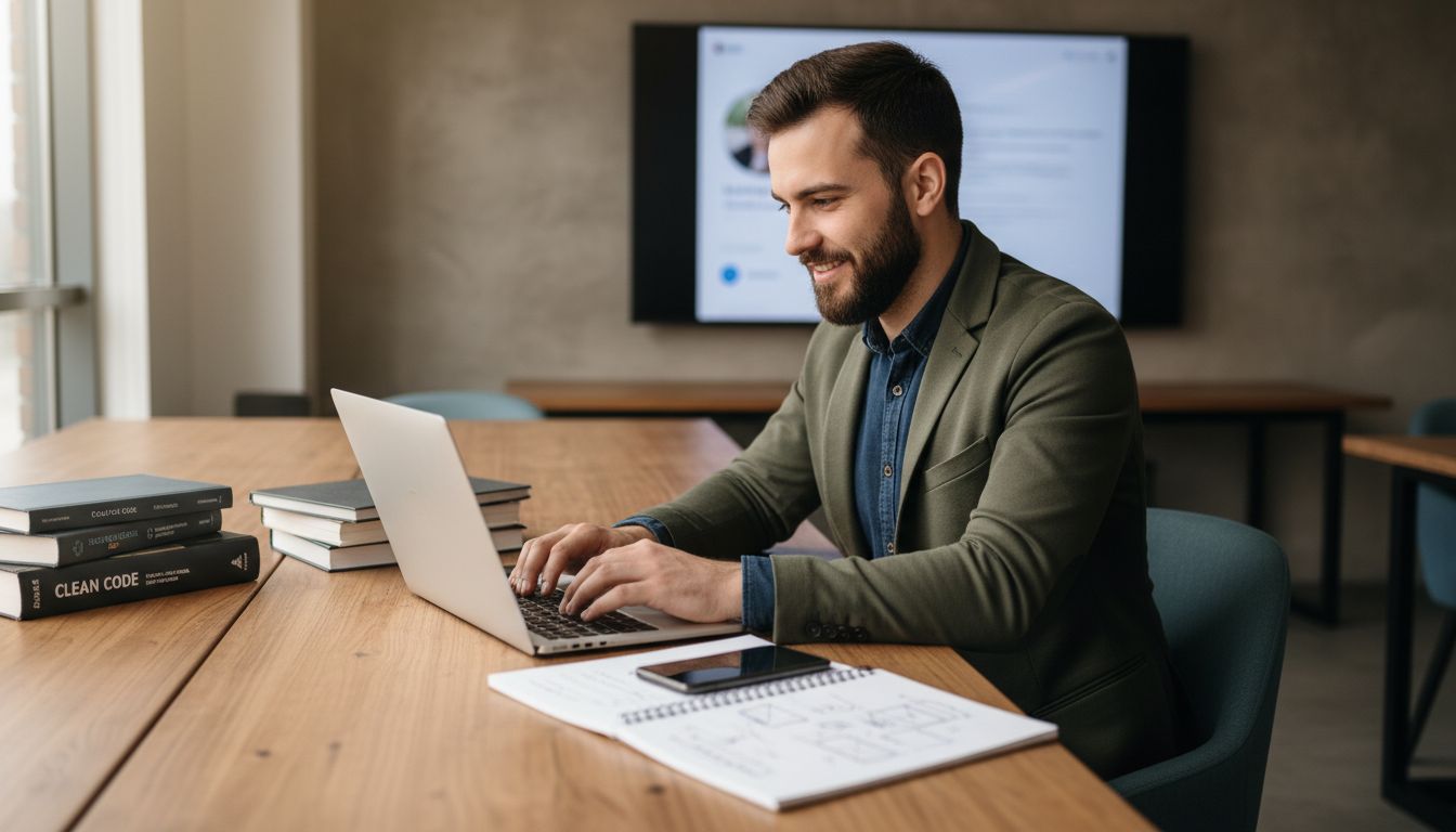 Homme souriant travaillant sur ordinateur portable.