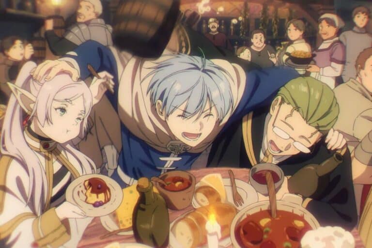 Personnages anime festoyant joyeusement dans une taverne animée.