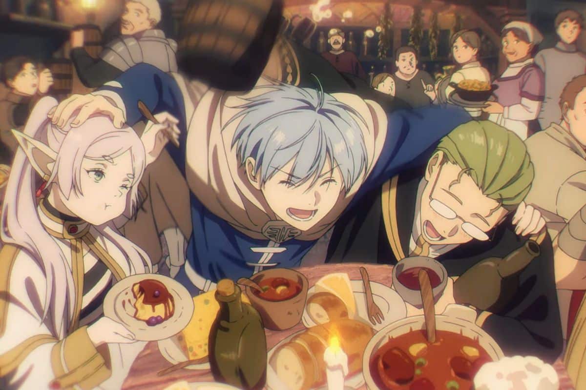 Personnages anime festoyant joyeusement dans une taverne animée.