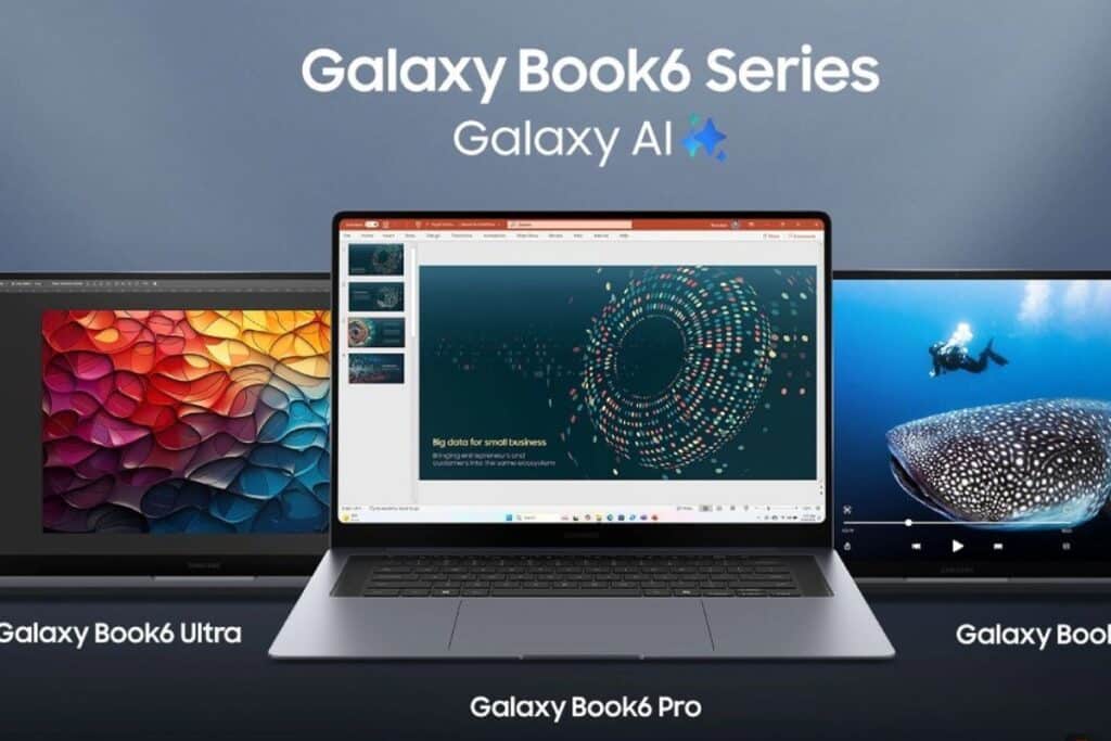 Trois ordinateurs portables Galaxy Book6 différents affichés.
