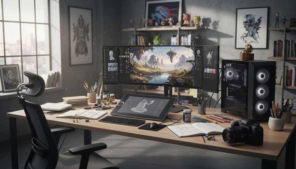 Bureau créatif avec ordinateur et matériel de dessin.