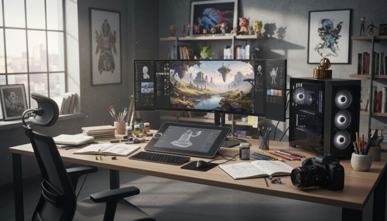 Bureau créatif avec ordinateur et matériel de dessin.