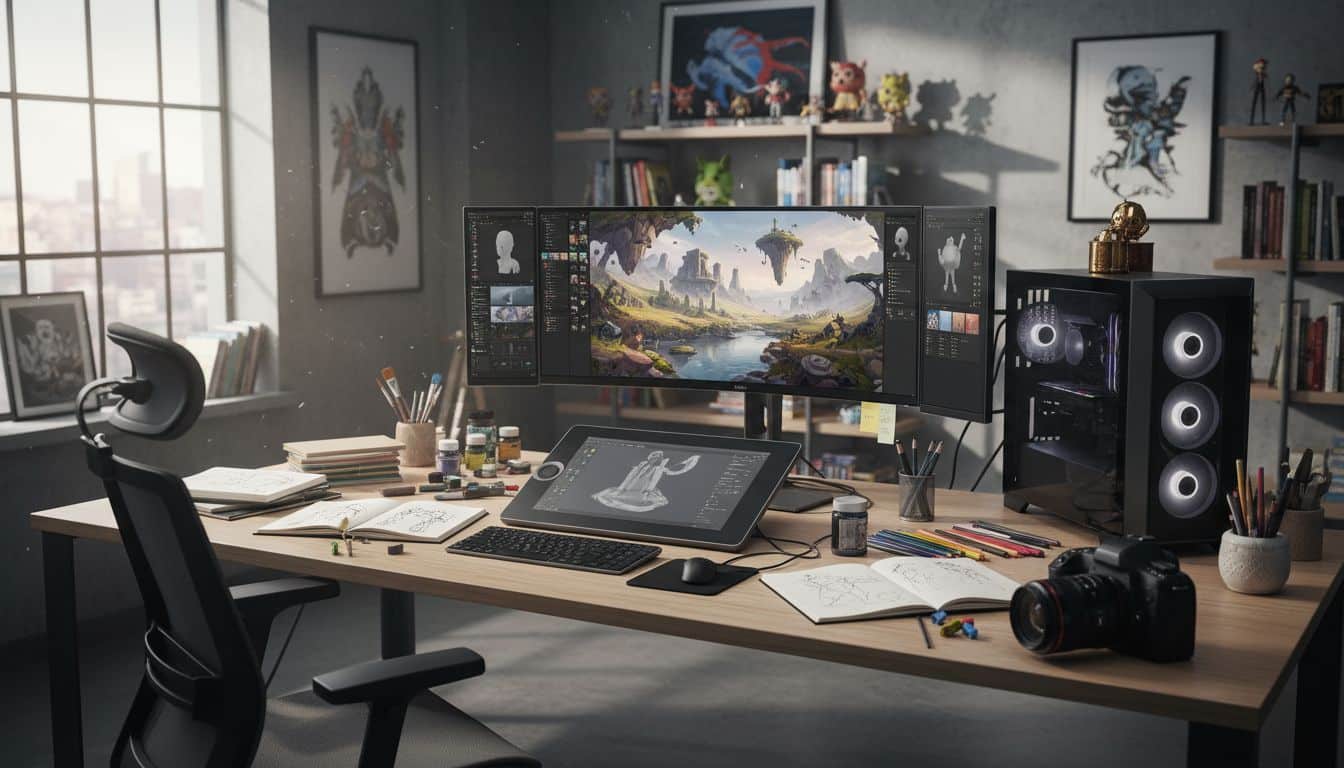 Bureau créatif avec ordinateur et matériel de dessin.