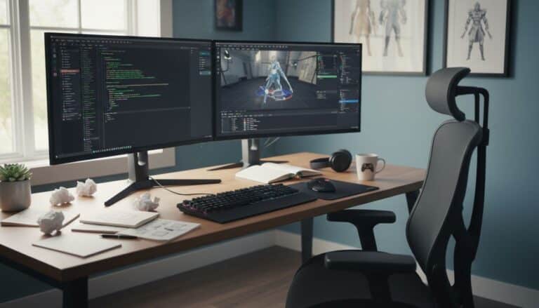 Bureau moderne avec écrans de programmation.