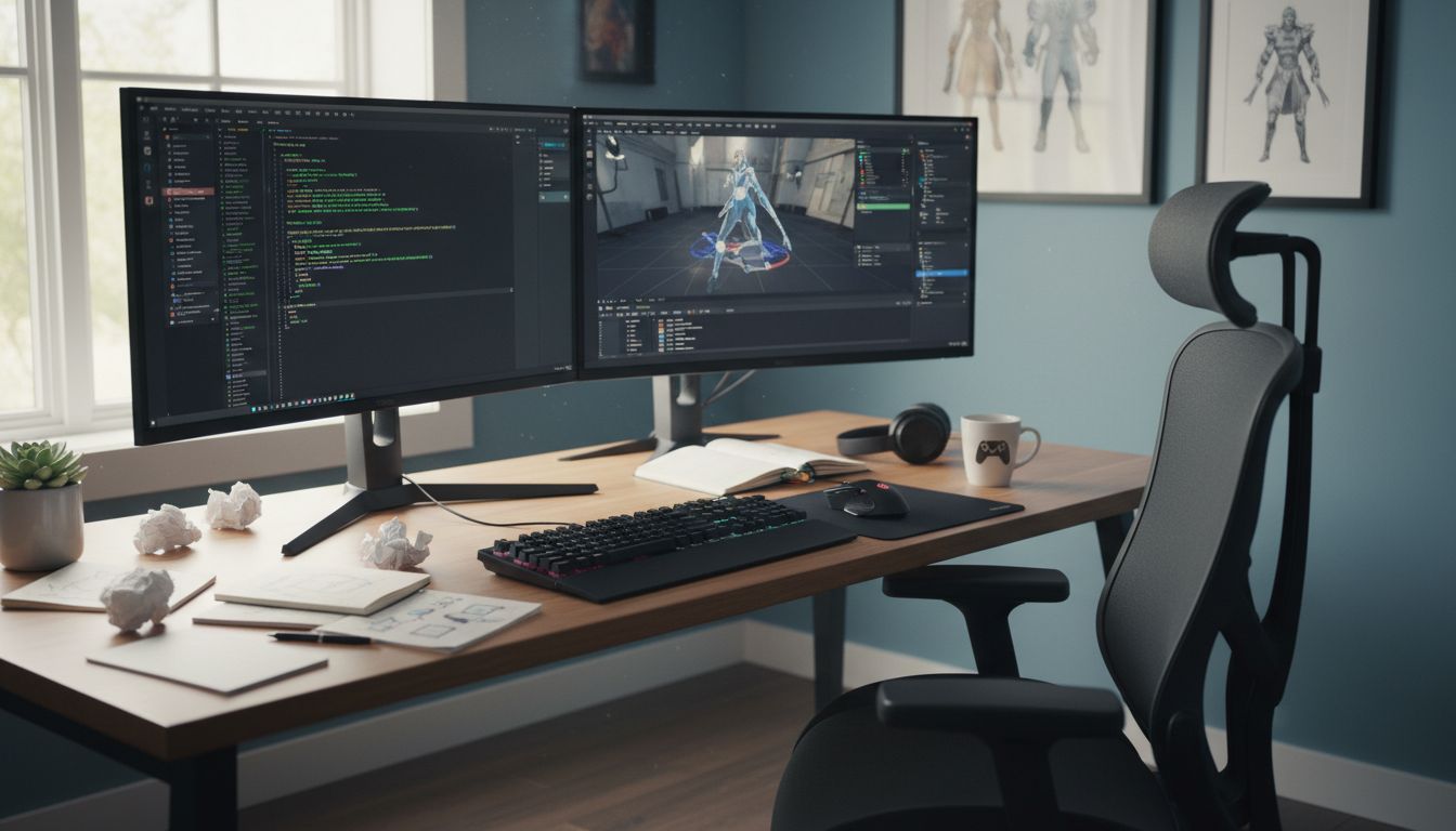 Bureau moderne avec écrans de programmation.