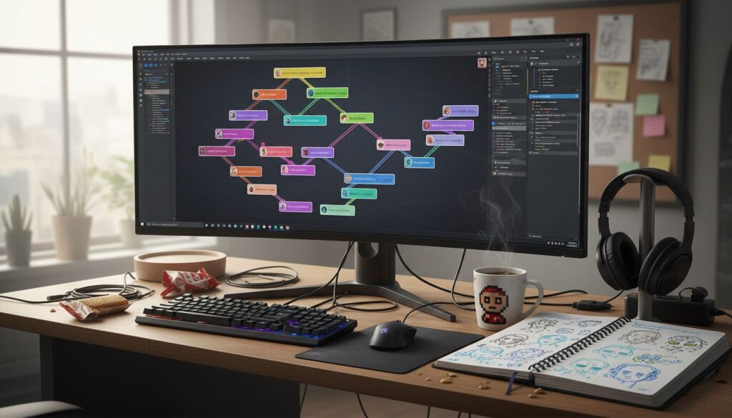 Bureau avec écran montrant un diagramme coloré.