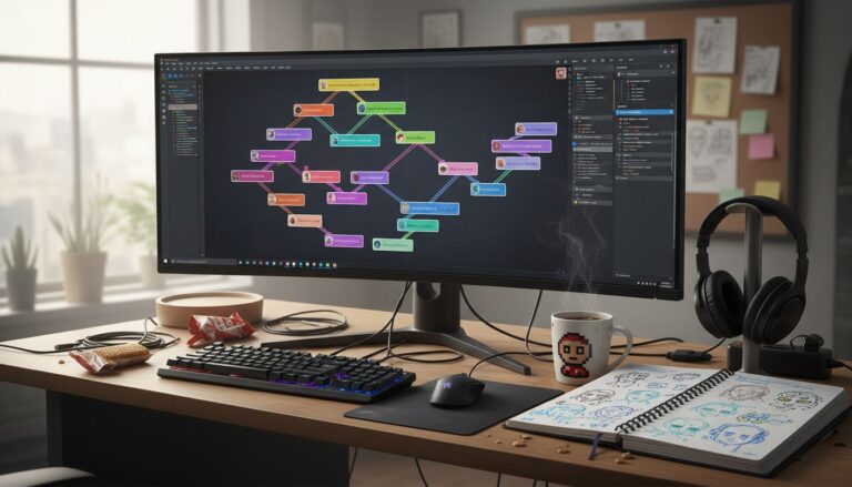 Bureau avec écran montrant un diagramme coloré.