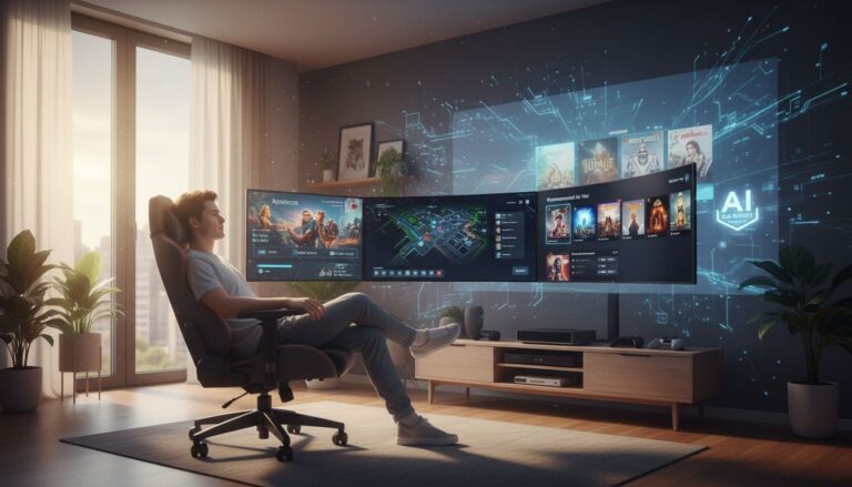 Personne devant plusieurs écrans avec interface futuriste.