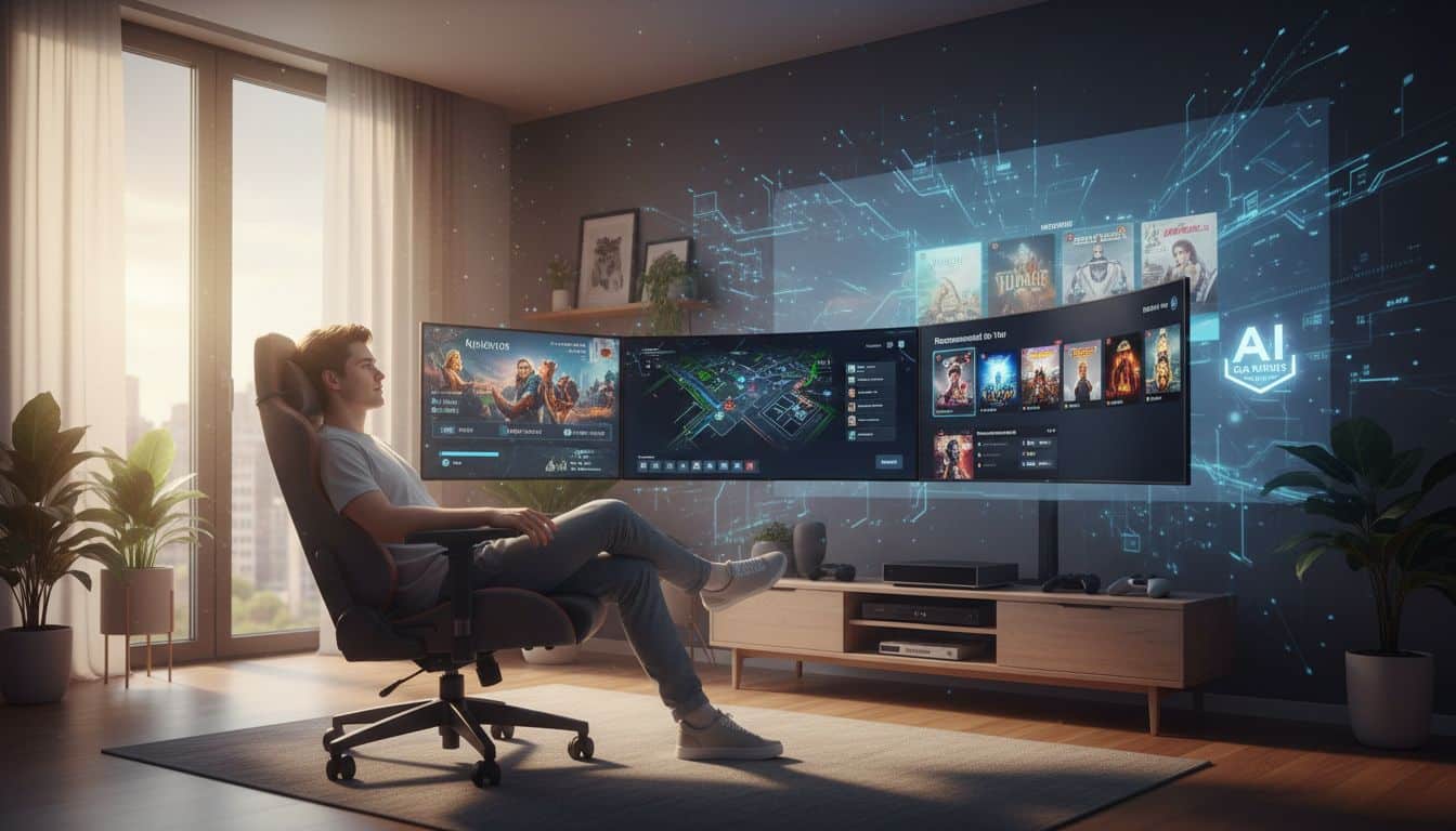 Personne devant plusieurs écrans avec interface futuriste.