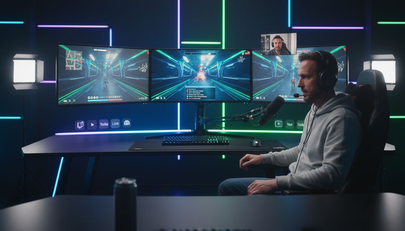 Streamer joue jeu vidéo dans studio futuriste.