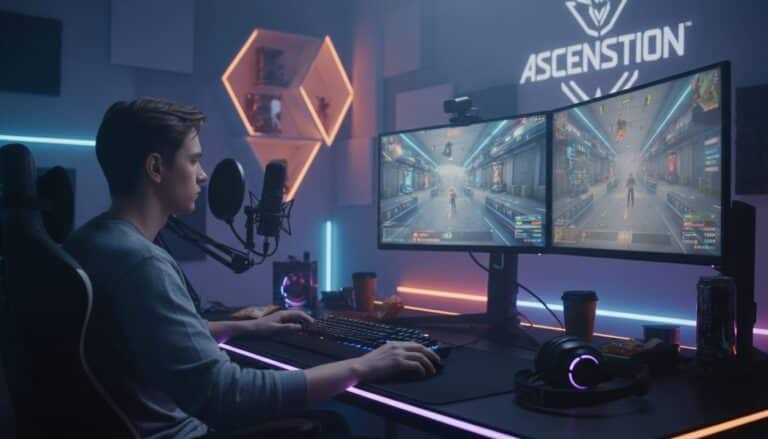 Joueur PC avec deux écrans de jeu futuriste.