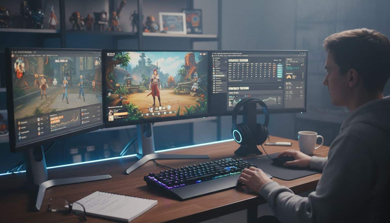 Joueur sur ordinateur avec trois écrans de gaming.