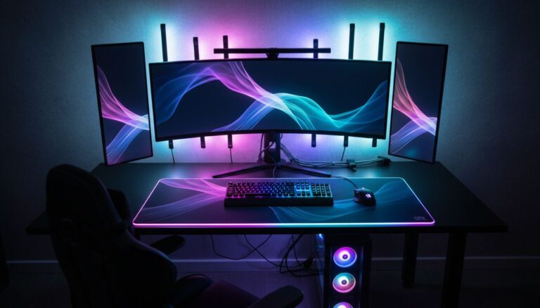 Configuration gaming avec éclairage RGB multicolore.
