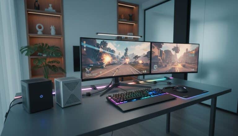 Salle de jeux avec double écran et clavier lumineux.