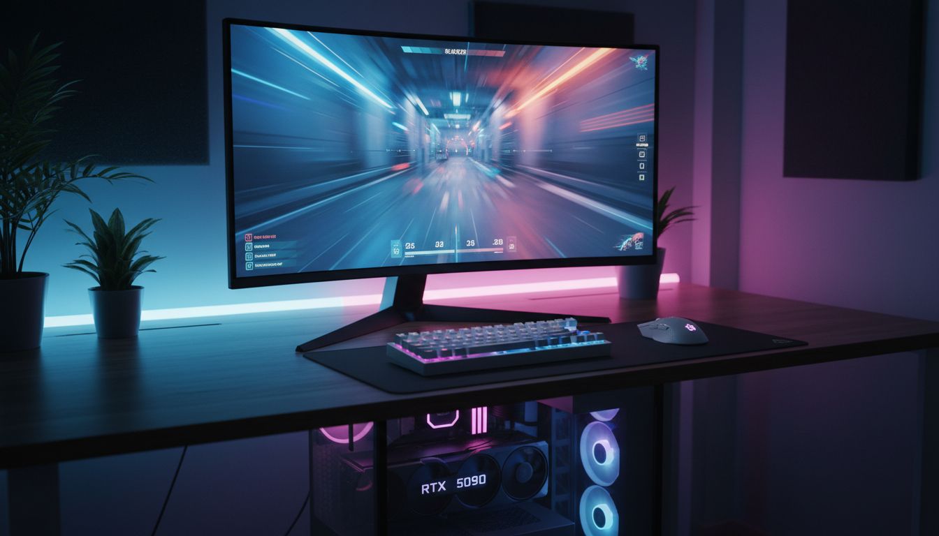 Bureau gaming avec écran et PC illuminés.