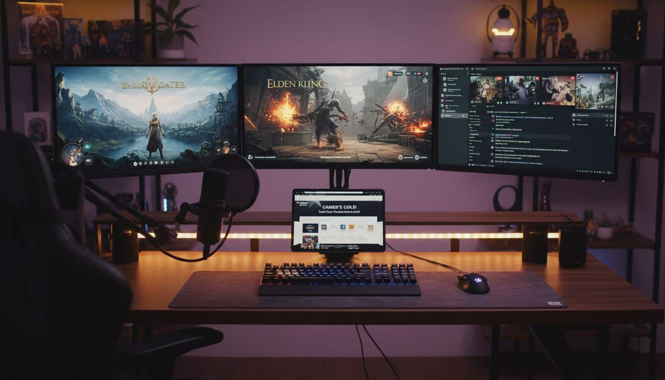Setup gaming avec trois écrans et clavier lumineux.