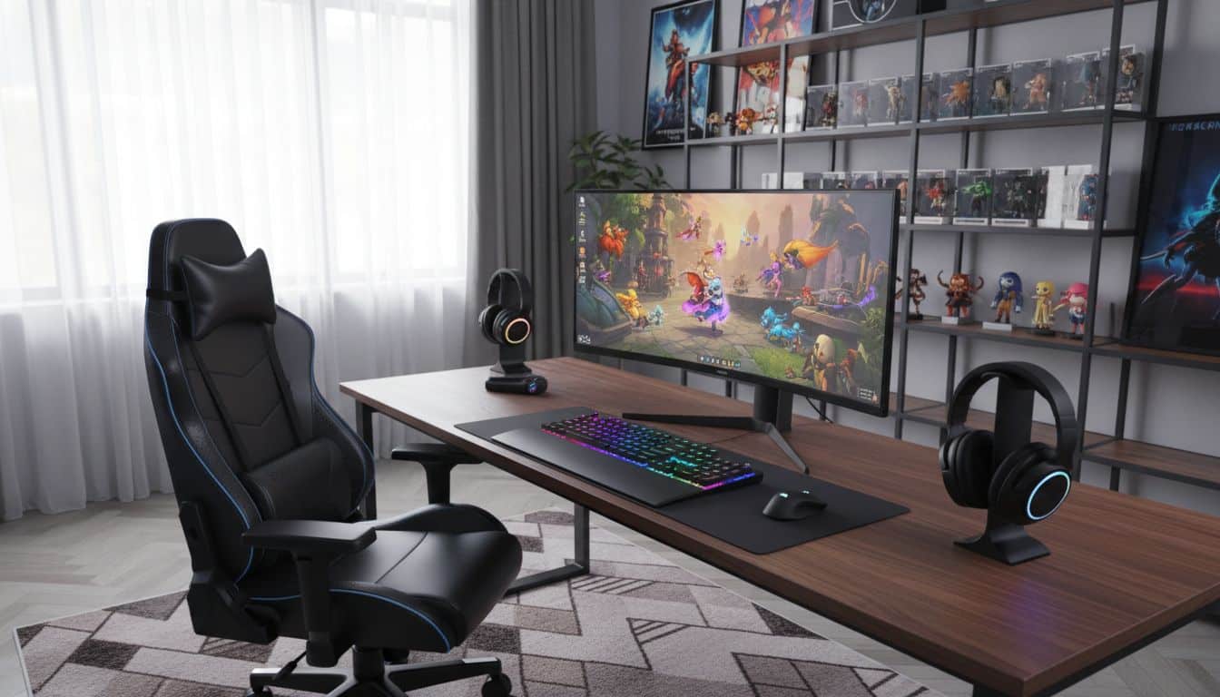 Bureau gaming avec écran et clavier RGB colorés.