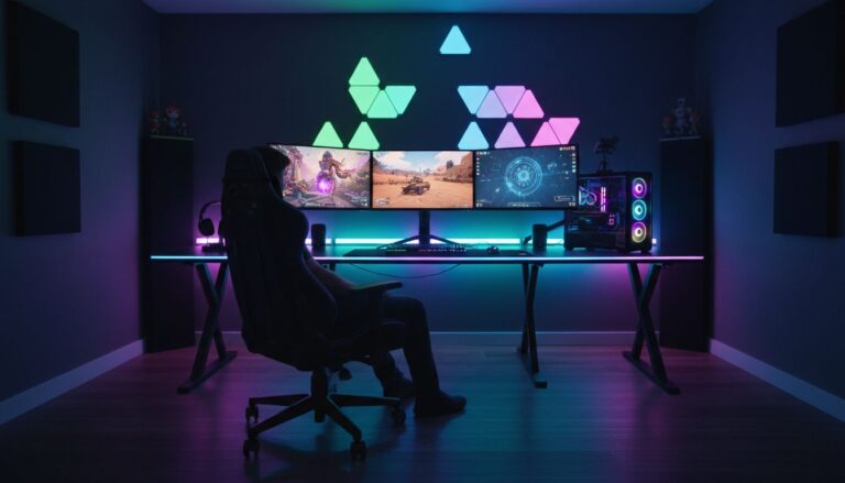 Salle de jeu illuminée avec un ordinateur.