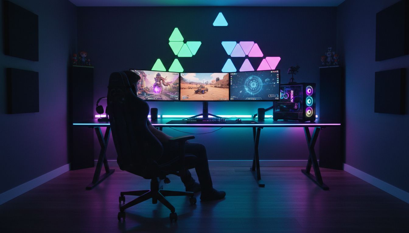 Salle de jeu illuminée avec un ordinateur.