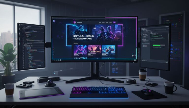 Bureau avec écrans et équipement de programmation.