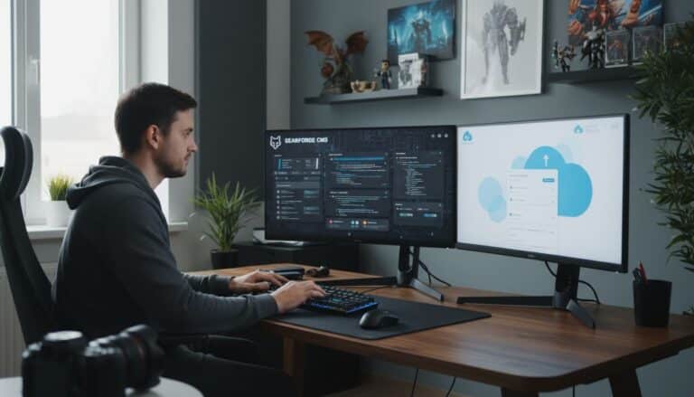 Homme travaillant sur ordinateur double écran.