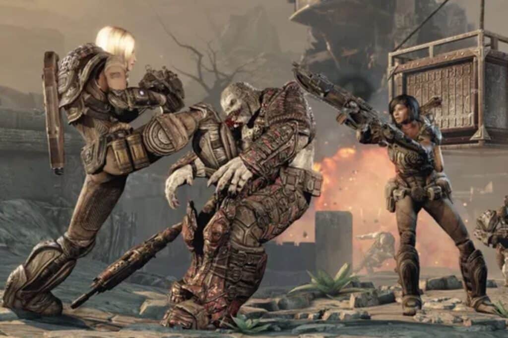 Combat futuriste avec des armures et créature.